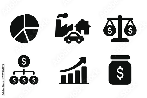 Diversified Investment Icons. Solid, filled icon set of net worth diversification: pie chart slices, investment sectors, asset classes, risk meter, portfolio