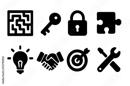 Problem Solving Icons. Solid, filled icon set of problem solving: maze, key, lock, puzzle piece, light bulb, handshake, target, toolset. [Line icons in only