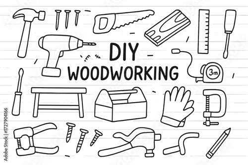DIY Woodworking Tools. Hand-drawn doodle illustration DIY woodworking hammer, saw, nails, wood plank, ruler, screwdriver, drill, screws, chisel, workbench,