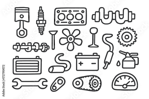Engine Parts Doodle. Hand-drawn doodle illustration car engine parts piston, spark plug, cylinder head, crankshaft, camshaft, valve, fan, gear, radiator,