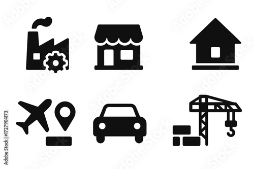 Recession Impact Icons. Solid, filled icon set of recession sectors impacted: manufacturing, retail, banking, real estate, tourism, automotive, hospitality,