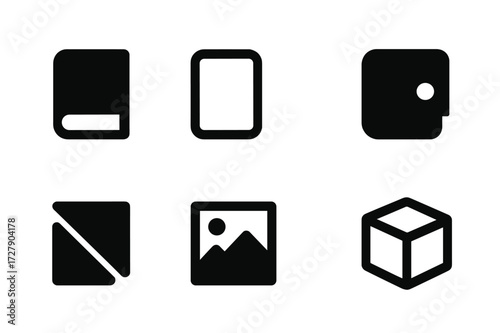 Object Corner Icons. Solid, filled icon set of object corners: book edge, smartphone corner, laptop corner, wallet corner, envelope corner, card corner, photo