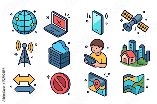 Colorful Digital Divide Icons. Digital divide. Colorful isometric vector icons set of Digital divide: globe with network lines, disconnected laptop, smartphone
