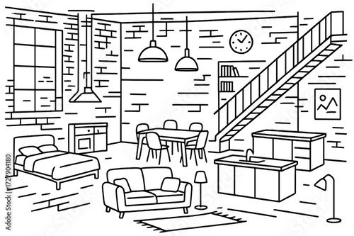 Loft Apartment Doodle. Hand-drawn doodle illustration [open-plan industrial loft apartment] [bed, sofa, dining table, chairs, kitchen island, pendant light,