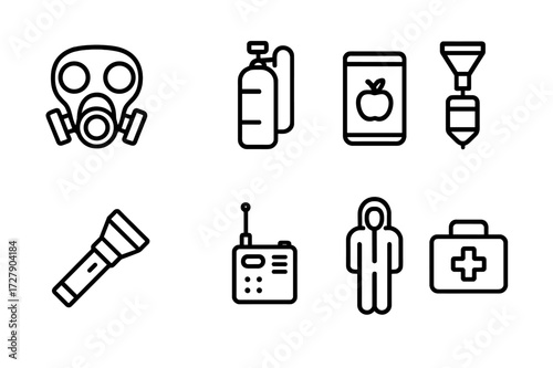 Bunker Survival Gear Icons. Outline icon set of bunker survival gear: gas mask, oxygen tank, emergency food, water filter, flashlight, radio transmitter,