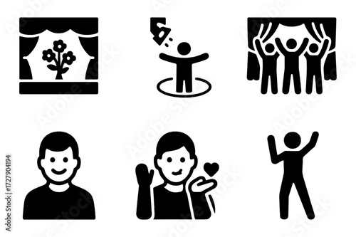 Stage Performance Icons. Solid, filled icon set of performance appreciation: flowers on stage, spotlight on performer, curtain call, bowing actor, performer