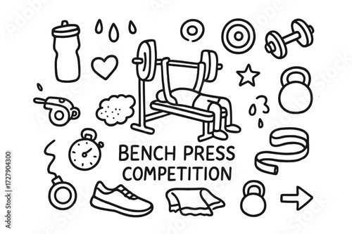 Gym Equipment Icons. Hand-drawn doodle illustration Bench press competition barbell, weight plates, whistle, stopwatch, sneakers, towel, chalk cloud, sweat