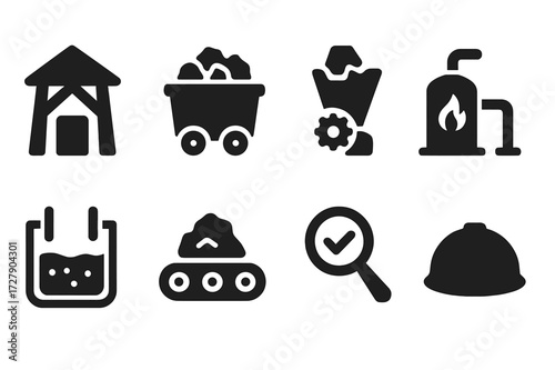 Zinc Mining Icons. Solid, filled icon set of zinc mining and refining: mine shaft, ore cart, crusher, smelter, refining tank, conveyor belt, quality test,