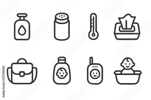 Baby Care Icons. Outline icon set of baby care: baby lotion, baby powder, thermometer, baby wipes, diaper bag, baby shampoo, baby monitor, baby bath. Line