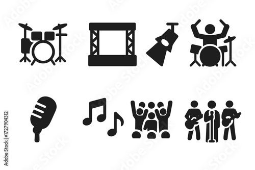 Tom-Tom Icons. Solid, filled icon set of tom-tom performance: drum set, stage, spotlight, drummer silhouette, microphone, music notes, concert crowd, band.