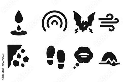 Cave Sounds Icon Set. Solid, filled icon set of cave sounds: dripping water, echo, bat screech, wind howl, rock fall, footsteps, cave silence, distant rumble.