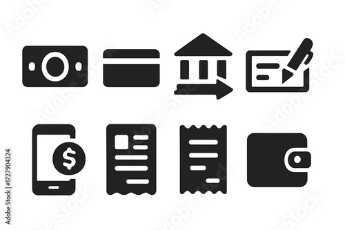 Payment Methods Icons. Solid, filled icon set of payment methods: cash, credit card, bank transfer, cheque, mobile payment, invoice, receipt, wallet. [Solid,