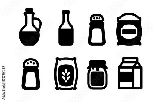 Kitchen Ingredients Icons. Solid, filled icon set of stirring ingredient containers: oil bottle, vinegar bottle, spice jar, sugar bag, salt shaker, flour sack,