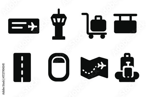 Airport Icon Set. Solid, filled icon set of airport elements: boarding pass, control tower, luggage cart, gate sign, runway, airplane window, flight path map,
