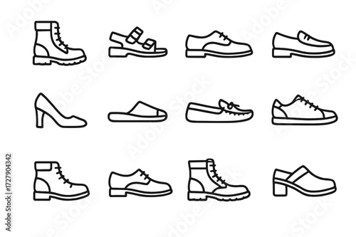 Leather Footwear Icons. Leather footwear. Line icon set of leather footwear: leather boots, leather sandals, leather loafers, leather shoes, leather heels,