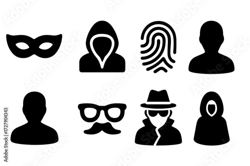 Hidden Identity Icons. Solid, filled icon set of hidden identity: mask, hooded figure, fingerprint, shadowed face, anonymous profile, disguise glasses, secret