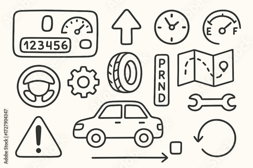 Car Dashboard Doodles. Hand-drawn doodle illustration [Car trip meter interface] [dashboard, odometer, speedometer, button, arrow, steering wheel, tire, fuel