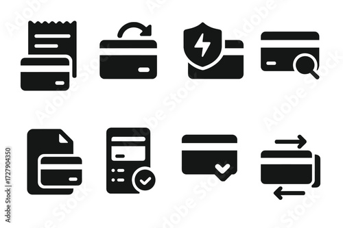 Credit Card Icon Set. Solid, filled icon set of credit card transactions: purchase receipt, refund, chargeback, balance inquiry, statement, transaction