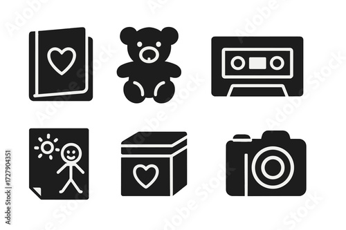 Nostalgic Memory Icons. Solid, filled icon set of nostalgic memory objects: photo album, vintage toy, cassette tape, old letter, childhood drawing, keepsake