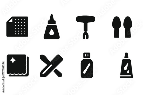 Drumstick Maintenance Icons. Solid, filled icon set of drumsticks maintenance and repair: sandpaper, glue, drumstick key, replacement tips, cleaning cloth,