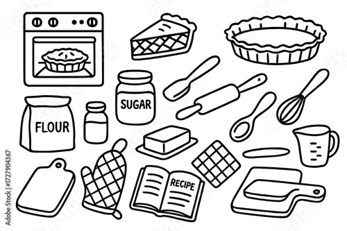 Homemade Pie Essentials. Hand-drawn doodle illustration homemade pie slice oven, pie slice, pie tin, flour bag, sugar jar, butter block, whisk, rolling pin,