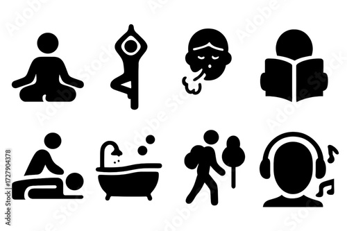 Soothing Activity Icons. Solid, filled icon set of soothing activities: meditation, yoga pose, deep breathing, reading book, massage, bath tub, nature walk,