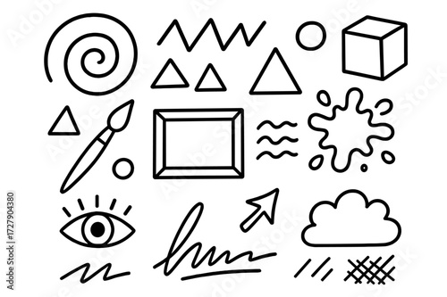 Abstract Doodle Icons. Hand-drawn doodle illustration abstract art swirl, zigzag, triangle, circle, cube, brush, frame, canvas, line pattern, splash, eye,