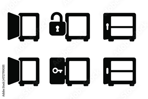 Empty Safe Icons. Solid, filled icon set of empty strongbox: open lid, unlocked, empty interior, key access, bare shelf, open door, no valuables, empty safe.