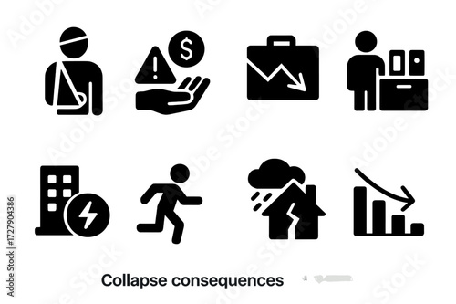 Collapse Consequences Icons. Solid, filled icon set of collapse consequences: injury, loss, bankruptcy, job loss, blackout, evacuation, disaster, failure.