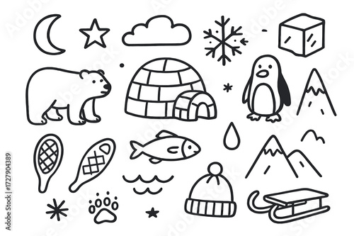 Arctic Wilderness Doodles. Hand-drawn doodle illustration Arctic wilderness igloo, snowflake, polar bear, penguin, fish, ice block, mountain, snowshoe, star,