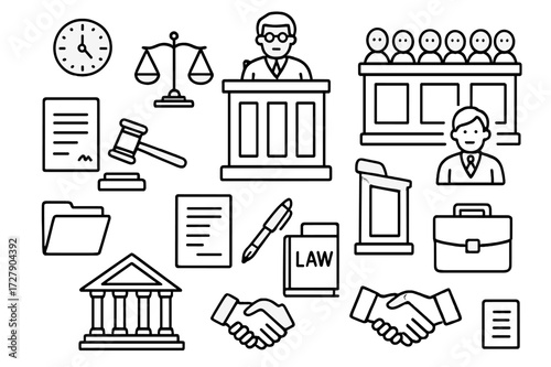 Courtroom Doodle Elements. Hand-drawn doodle illustration Courtroom trial setup judge bench, jury box, gavel, balance scale, clock, witness stand, lawyer