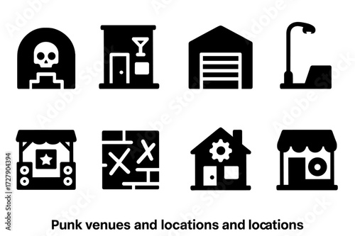Punk Venues Icon Set. Solid, filled icon set of punk venues and locations: underground club, dive bar, warehouse, street corner, festival stage, graffiti wall,