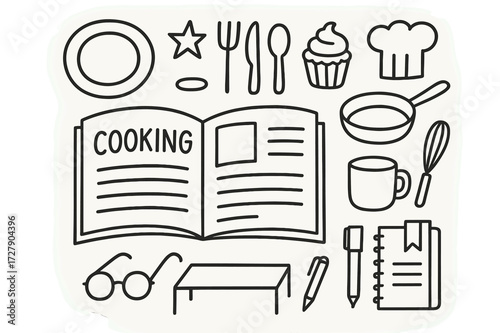 Cooking Magazine Doodles. Hand-drawn doodle illustration Cooking magazine ideas [open magazine, plate, fork, spoon, knife, cupcake, star, chef hat, pan, mug,