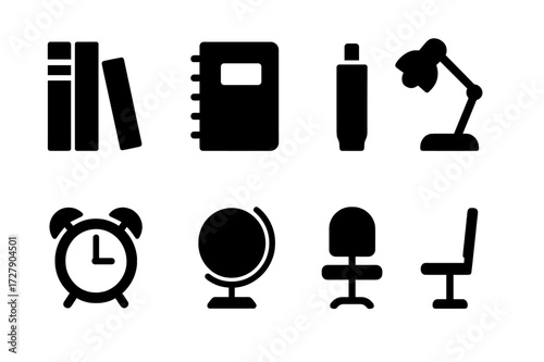 Study Desk Icons. Solid, filled icon set of study desk essentials: textbooks, notebook, pencil case, highlighter, desk lamp, clock, globe, chair. [Line icons