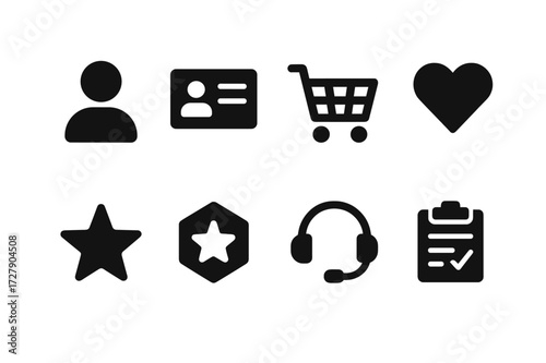Customer Profile Icons. Solid, filled icon set of customer profiles: user avatar, contact card, shopping cart, wishlist, review star, loyalty badge, customer
