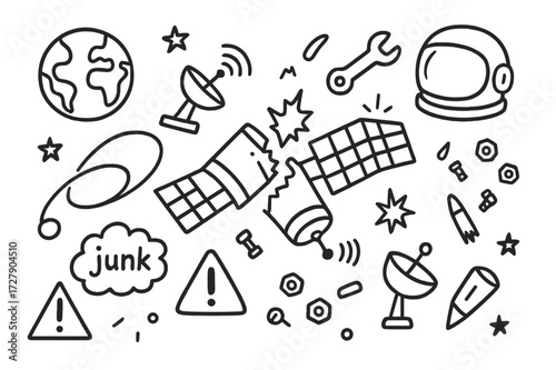 Space Debris Doodle. Hand-drawn doodle illustration space debris broken satellite, orbit path, floating wrench, shattered solar panel, antenna, Earth, nuts and