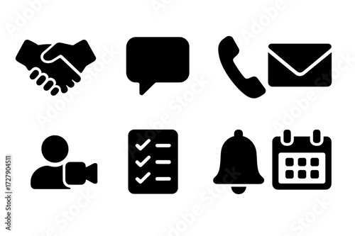 Customer Interaction Icons. Solid, filled icon set of customer interactions: handshake, chat bubble, phone call, email envelope, video call, survey form,