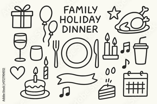 Family Holiday Doodle. Hand-drawn doodle illustration organizing family holiday dinner table, plate, cutlery, wine glass, turkey, candles, ribbon, star,