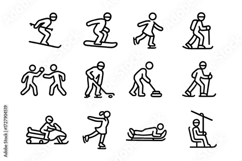 Winter Sports Icons. Winter sports. Line icon set of winter sports: skiing, snowboarding, ice skating, sledding, snowball fight, hockey, curling, snowshoeing,