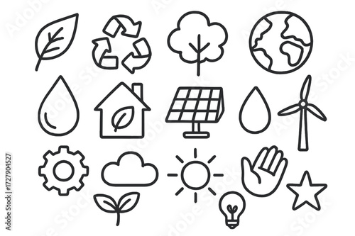 Eco Icons Doodle. Hand-drawn doodle illustration Climate-conscious design leaf, recycle symbol, tree, globe, water droplet, eco house, solar panel, wind