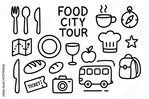 Culinary Adventure Icons. Hand-drawn doodle illustration food city tour fork, spoon, knife, plate, wine glass, coffee cup, bread loaf, fruit, bus, ticket, map,