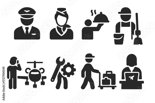 Private Jet Icons. Solid, filled icon set of private jet services: pilot, flight attendant, catering service, cleaning crew, ground support, maintenance crew,
