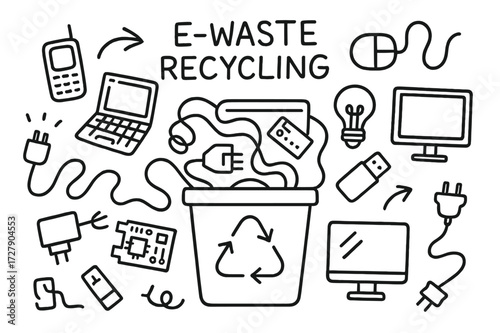 E-Waste Doodle Icons. Hand-drawn doodle illustration e-waste recycling old phone, laptop, computer, keyboard, mouse, charger, wires, circuit board, battery,