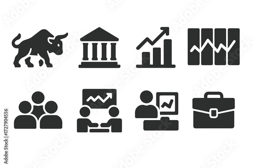Equity Market Icons. Solid, filled icon set of equity markets: bull and bear, stock exchange building, market chart, index ticker, investor crowd, trading