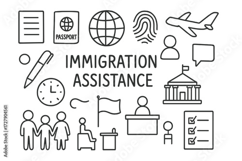 Immigration Process Icons. Hand-drawn doodle illustration [Immigration assistance] [documents, passport, pen, globe, fingerprint, ID photo, airplane, clock,
