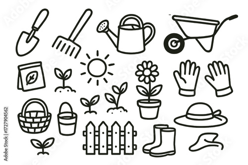 Gardening Tools Doodle. Hand-drawn doodle illustration gardening tools shovel, rake, watering can, gloves, wheelbarrow, bucket, basket, seeds, sprouts, potted