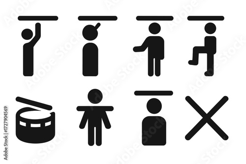 Stick Balancing Icons. Solid, filled icon set of stick balancing tricks: stick balanced on finger, stick balanced on nose, stick balanced on hand, stick