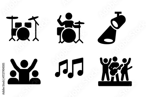 Cymbal Performance Icons. Solid, filled icon set of ride cymbal performance: drum kit, drummer silhouette, stage spotlight, microphone, concert crowd, music