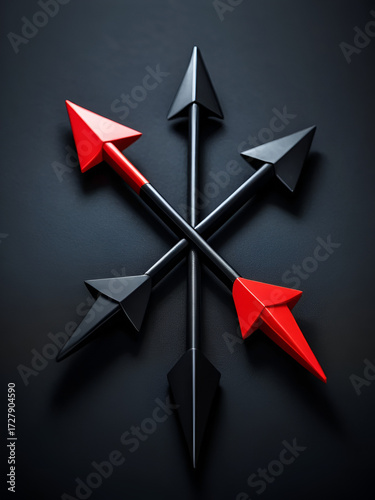 Close-up of three red and black arrows pointing in different directions on a dark , symbolizing decision-making and strategic planning