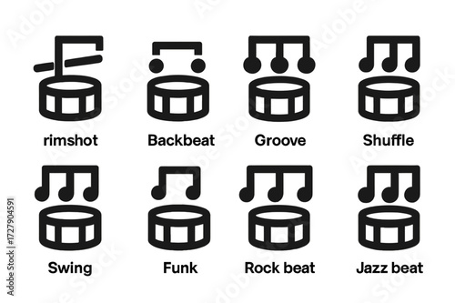 Percussion Rhythm Icons. Solid, filled icon set of percussion rhythms: rimshot beat, backbeat, groove, shuffle, swing, funk, rock beat, jazz beat. Solid,
